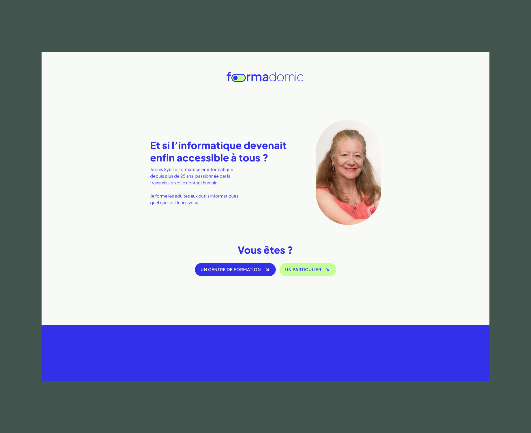 Screenshot du site Formadomic avec comme question centrale "Et si l'informatique devenait enfin accessible à tous ?"