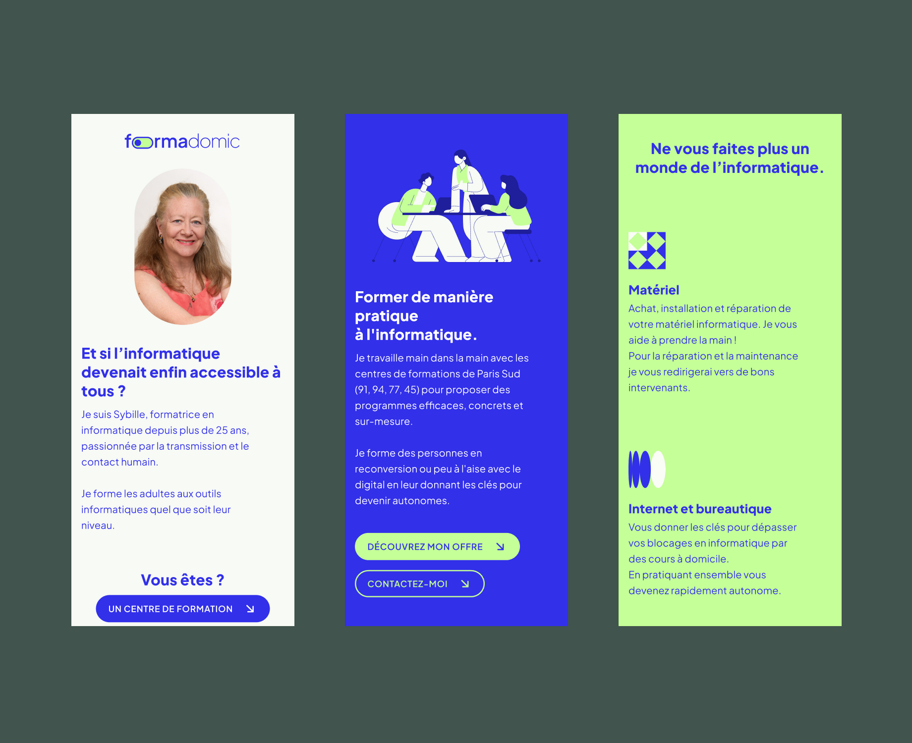Aperçus de la version mobile du site avec 3 extraits d'écrans