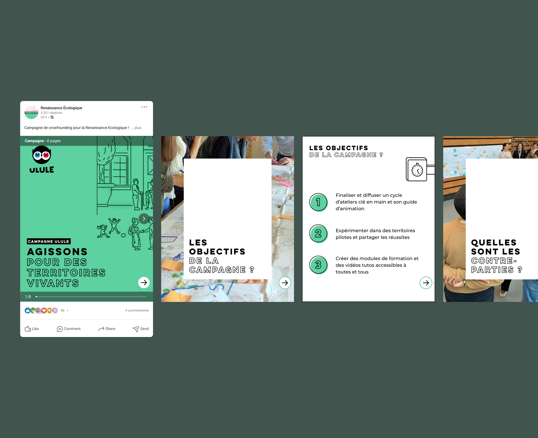 Quelques slides du carrousel qui promeut la campagne Ulule sur LinkedIn