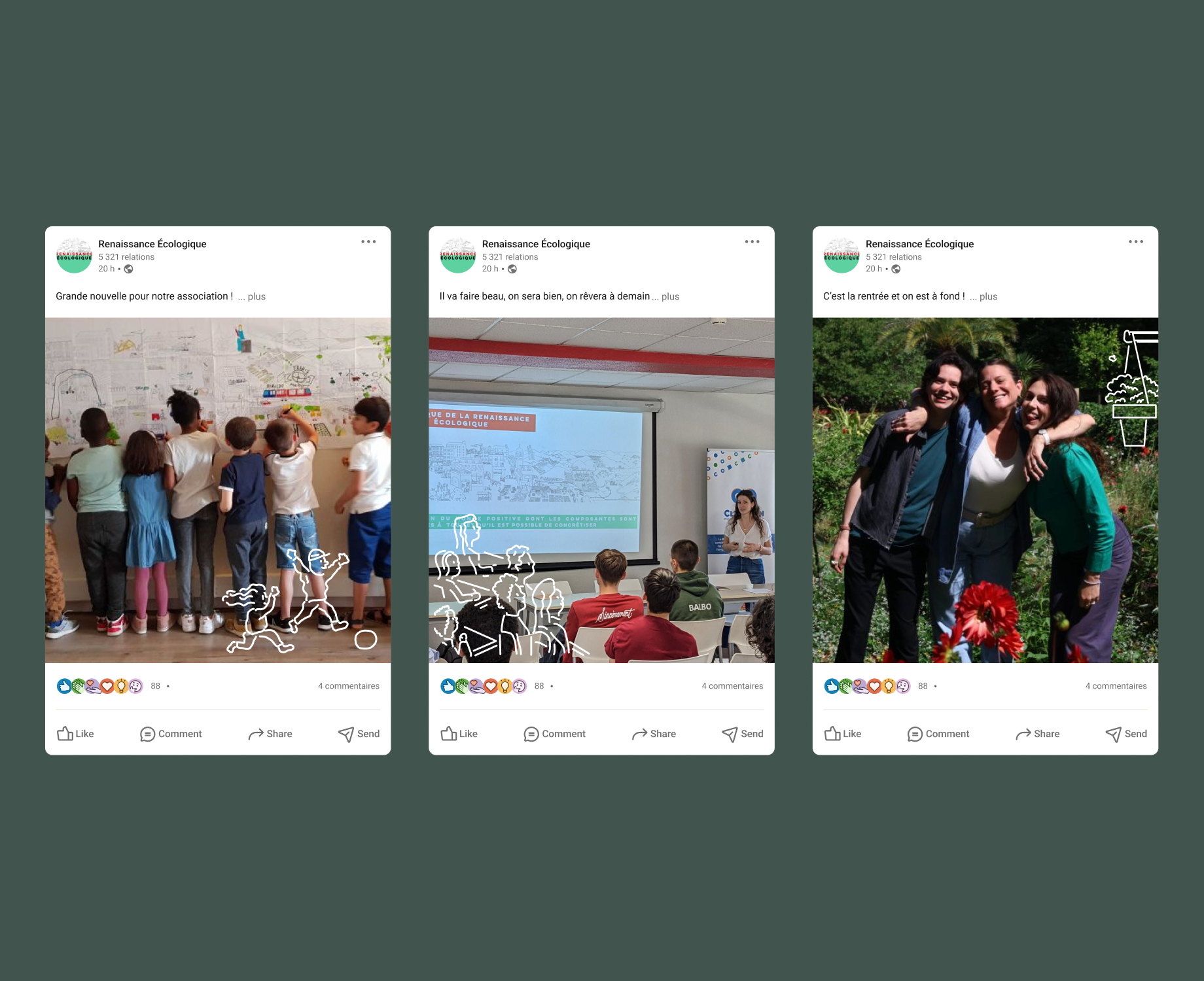 Pour les photos LinkedIn, des détails de la fresque sont repris en surbrillance pour marquer une identité visuelle forte