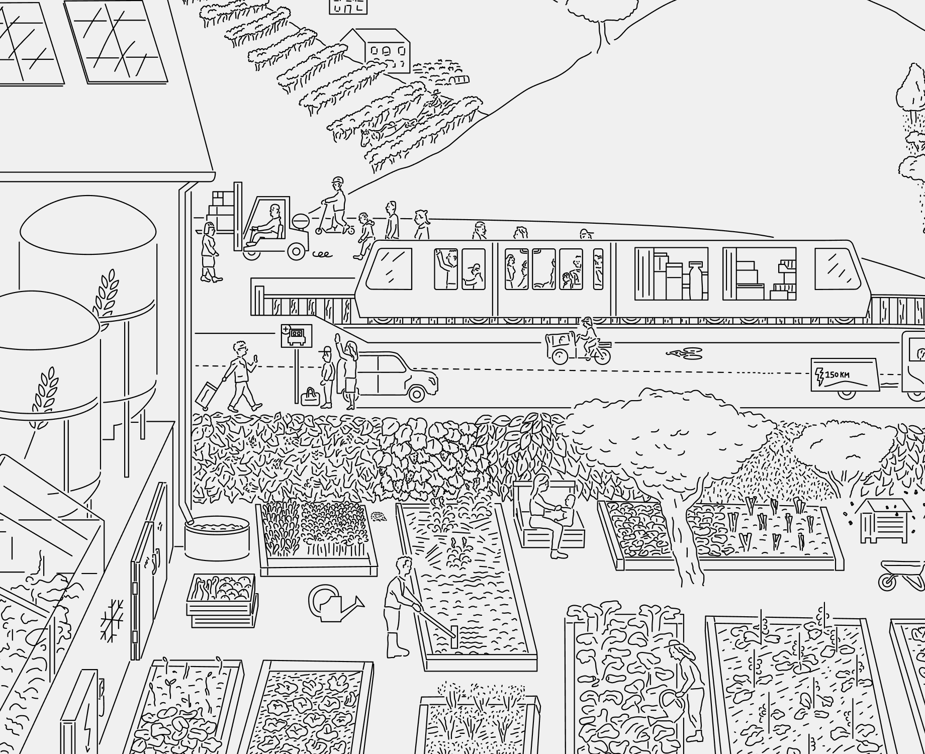 Zoom sur une partie de la fresque, notament la zone qui retranscrit les transports en commun et le potager collectif.