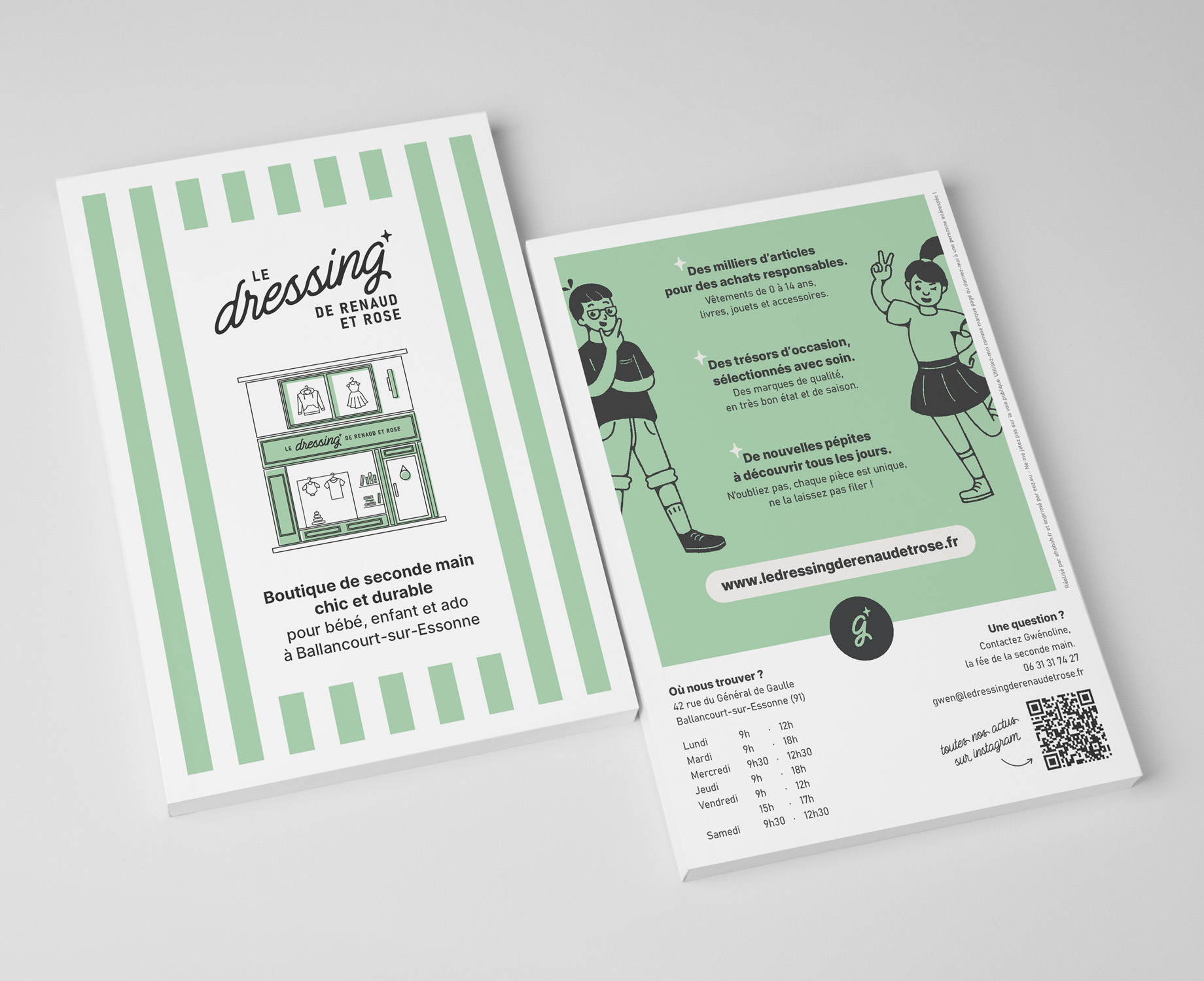 Flyer A5 recto verso, au recto le nom de la boutique, une illustration de la devanture et l'accroche "Boutique de seconde main chic et durable pour bébé, enfant et ado à Ballancourt-sur-Essonne", au verso, les informations sur les horaires d'ouvertures et les points de contact.