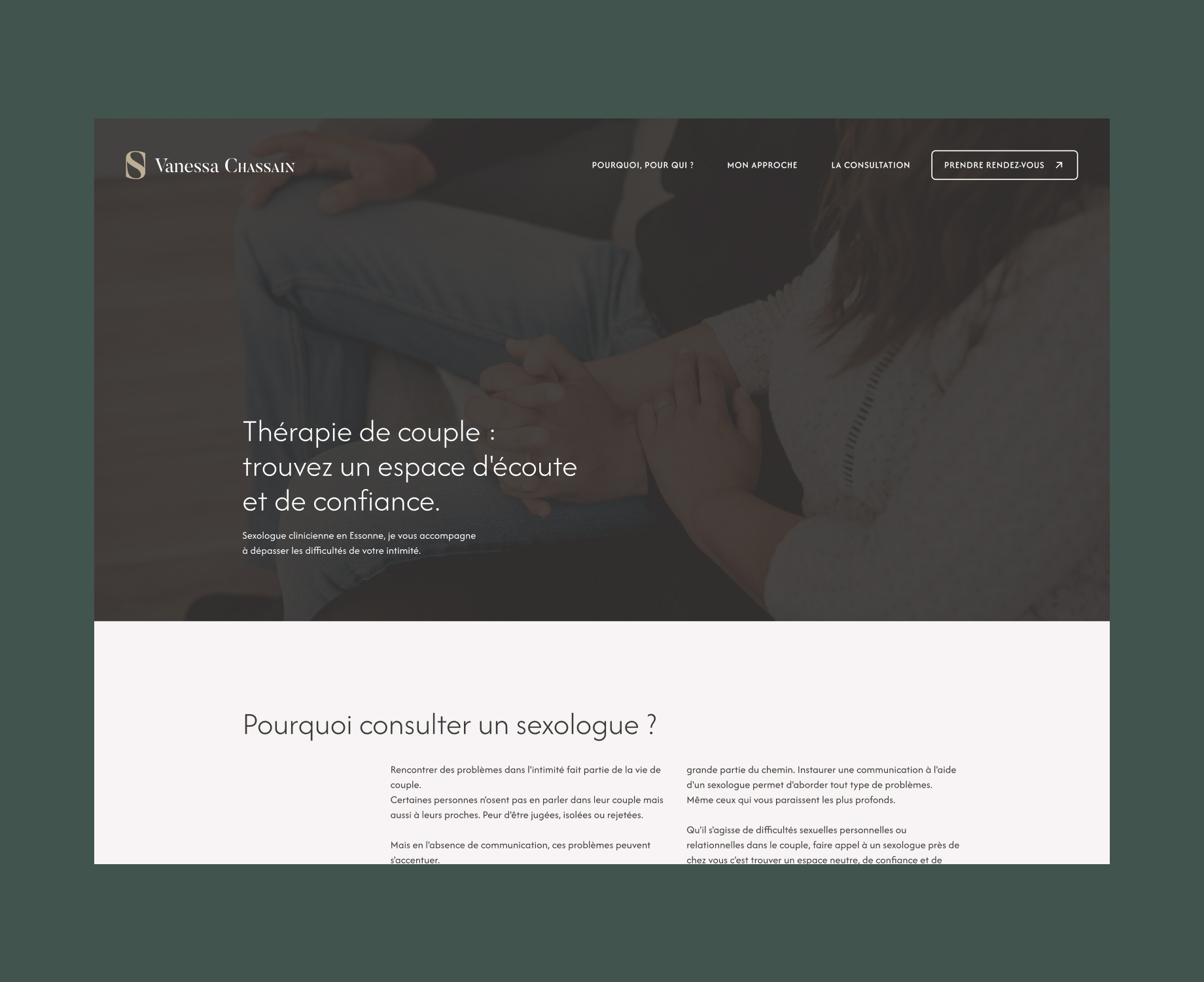 Screenshot du site de Vanessa Chassain avec comme phrase centrale "Thérapie de couple, trouvez un espace d'écoute et de confiance"